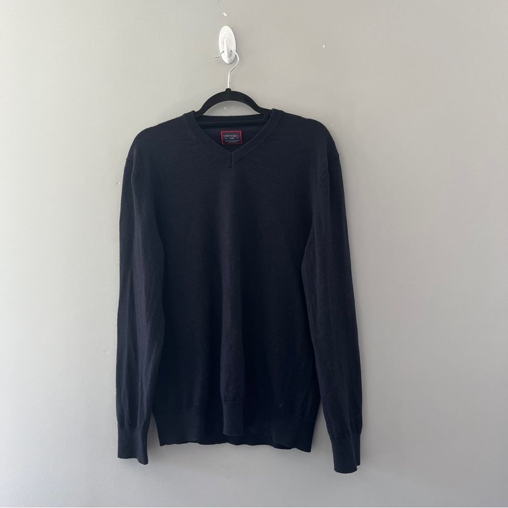 UNTUCKit Spitler V Neck Wool Sweater Navy Blue Mens Size Large